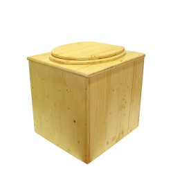 Toilette sèche rehaussée en bois huilé avec bavette inox, seau plastique 22 litres, abattant bois huilé