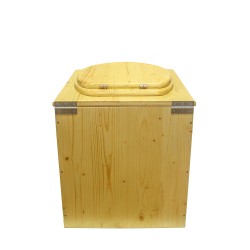 Toilette sèche rehaussée en bois huilé avec bavette inox, seau plastique 22 litres, abattant bois huilé