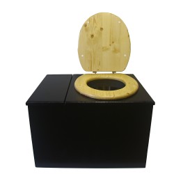 Toilette sèche avec bac à copeaux de bois, finition noire, abattant bois huilé. Livré avec bavette inox et seau inox