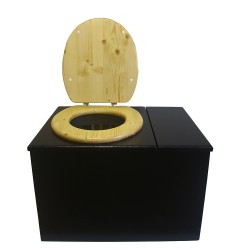 Toilette sèche avec bac à copeaux de bois à droite, finition noire, abattant bois huilé. Livré avec bavette inox et seau inox