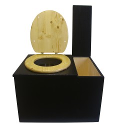 Toilette sèche avec bac à copeaux de bois à droite, finition noire, abattant bois huilé. Livré avec bavette inox et seau inox