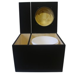 Toilette sèche avec bac à copeaux de bois, finition noire, abattant bois huilé,  bavette inox et seau plastique 22L