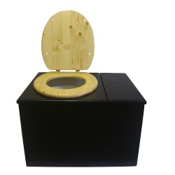 Toilette sèche avec bac à copeaux de bois à droite, finition noire, abattant bois huilé,  bavette inox et seau plastique 22L