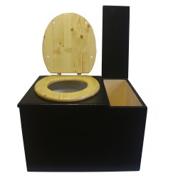 Toilette sèche avec bac à copeaux de bois à droite, finition noire, abattant bois huilé,  bavette inox et seau plastique 22L