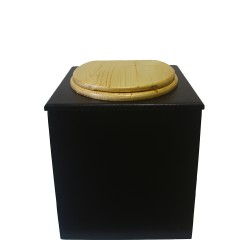 Toilette sèche rehaussée en bois, finition noire, abattant bois huilé. Livré avec bavette inox et seau inox
