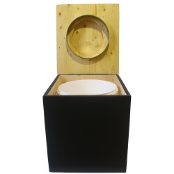 Toilette sèche rehaussée en bois, finition noire/huilé, abattant bois huilé. Livré avec bavette inox et seau plastique 22L