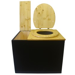 Toilette sèche rehaussée avec bac à copeaux de bois, finition noire/huilé, abattant bois huilé, bavette inox, seau inox
