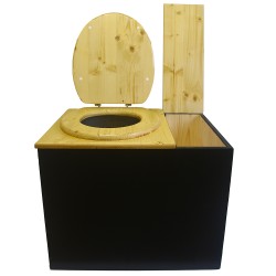 Toilette sèche rehaussée avec bac à copeaux de bois à droite, finition noire/huilé, abattant huilé, bavette inox, seau inox