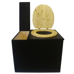 Toilette sèche rehaussée avec bac à copeaux de bois, finition noire, abattant bois huilé, bavette inox, seau inox
