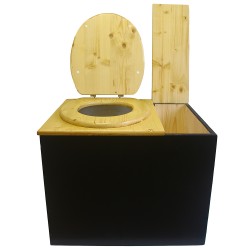 Toilette sèche rehaussée noire/huilé avec bac à copeaux de bois à droite, abattant huilé,  bavette inox, seau plastique 22L