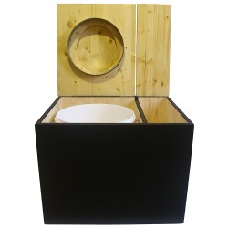 Toilette sèche rehaussée noire/huilé avec bac à copeaux de bois à droite, abattant huilé,  bavette inox, seau plastique 22L