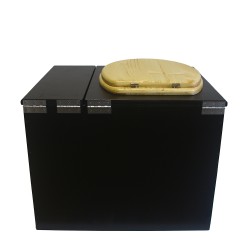 Toilette sèche rehaussée noire avec bac à copeaux de bois à droite, abattant huilé,  bavette inox, seau plastique 22L