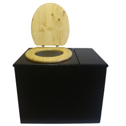 Toilette sèche rehaussée noire avec bac à copeaux de bois à droite, abattant huilé,  bavette inox, seau plastique 22L