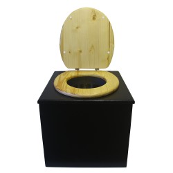 Toilette sèche en bois noire avec abattant bois huilé. Livré avec bavette inox et seau inox