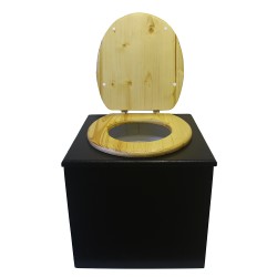 Toilette sèche en bois noire avec abattant en bois huilé. Livré avec bavette inox et seau plastique 22L