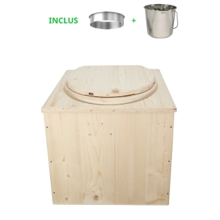 Toilette sèche en bois brut complète avec seau inox et bavette inox