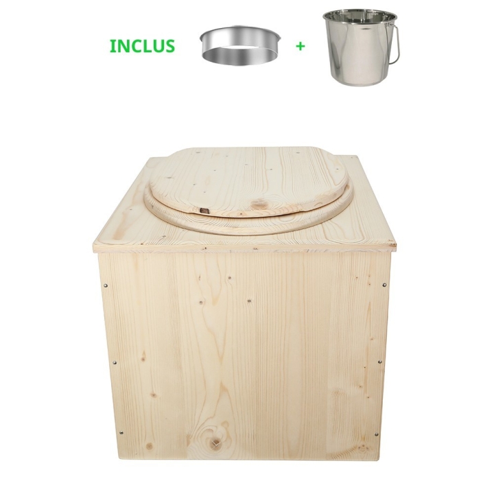 Toilette sèche en bois brut complète avec seau inox et bavette inox