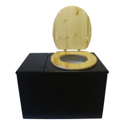 Toilette sèche avec bac à copeaux de bois, finition noire, abattant bois huilé,  bavette inox et seau plastique 20L