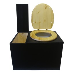Toilette sèche avec bac à copeaux de bois, finition noire, abattant bois huilé,  bavette inox et seau plastique 20L