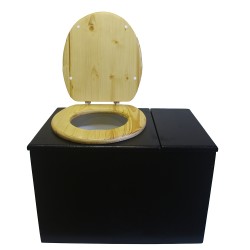 Toilette sèche avec bac à copeaux de bois à droite, finition noire, abattant bois huilé,  bavette inox et seau plastique 20L
