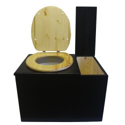 Toilette sèche avec bac à copeaux de bois à droite, finition noire, abattant bois huilé,  bavette inox et seau plastique 20L