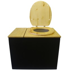 Toilette sèche rehaussée avec bac à copeaux de bois noire/huilé avec bavette inox et seau 20 litres, abattant huilé