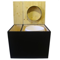 Toilette sèche rehaussée avec bac à copeaux de bois noire/huilé avec bavette inox et seau 20 litres, abattant huilé
