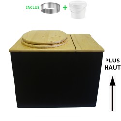 Toilette sèche rehaussée avec bac à droite en bois noire/huilé avec bavette inox et seau 20 litres, abattant huilé
