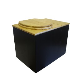 Toilette sèche rehaussée avec bac à droite en bois noire/huilé avec bavette inox et seau 20 litres, abattant huilé