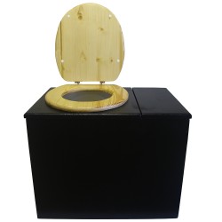 Toilette sèche rehaussée avec bac à copeaux de bois à droite, noire avec bavette inox et seau 20 litres, abattant huilé