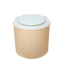 Toilette sèche en bois arrondie beige/blanc avec seau inox et bavette inox
