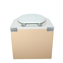 Toilette sèche en bois arrondie beige/blanc avec seau inox et bavette inox