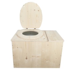 Toilette sèche avec bac à copeaux de bois intégré à droite avec bavette inox et seau 20 litres