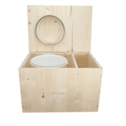 Toilette sèche avec bac à copeaux de bois intégré à droite avec bavette inox et seau 20 litres