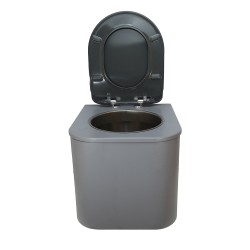 Toilette sèche en bois grise avec seau inox, bavette inox, abattant thermodur gris, frein de chute