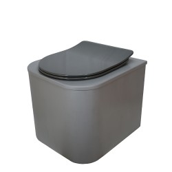 Toilette sèche en bois gris avec seau plastique 22L, bavette inox, abattant thermodur gris, frein de chute