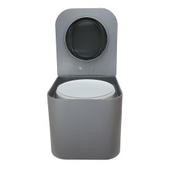 Toilette sèche en bois gris avec seau plastique 22L, bavette inox, abattant thermodur gris, frein de chute