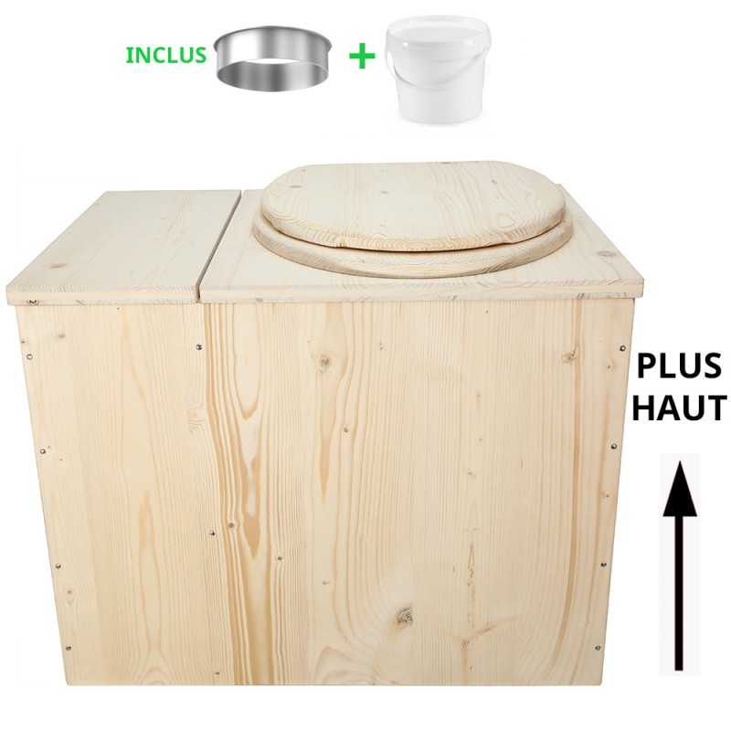 Toilette sèche avec bac à copeaux de bois, modèle rehaussé complet avec bavette inox et seau 20 litres