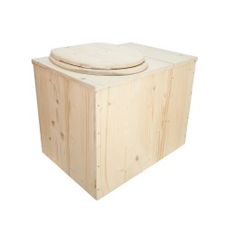 Toilette sèche avec bac à copeaux de bois intégré à droite, modèle rehaussé avec bavette inox et seau 20 litres