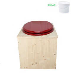 Toilette sèche en bois avec seau 18L plastique et abattant rouge