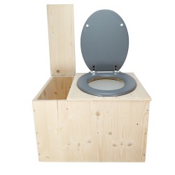 Toilette sèche avec bac à copeaux de bois, seau plastique 18L, abattant gris