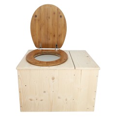 Toilette sèche avec bac à copeaux de bois à droite, seau plastique 18L, abattant bambou