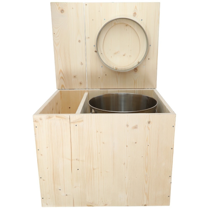  Toilette sèche avec bac à copeaux de bois vendue complète avec bavette inox et seau inox - modèle PMR