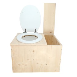 Toilette sèche avec bac à copeaux de bois à droite, seau plastique 18L, abattant blanc
