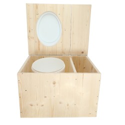 Toilette sèche avec bac à copeaux de bois à droite, seau plastique 18L, abattant blanc