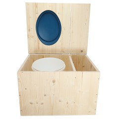 Toilette sèche avec bac à copeaux de bois à droite, seau plastique 18L, abattant bleu