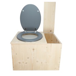 Toilette sèche avec bac à copeaux de bois à droite, seau plastique 18L, abattant gris