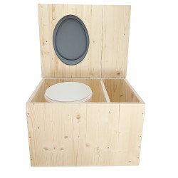 Toilette sèche avec bac à copeaux de bois à droite, seau plastique 18L, abattant gris