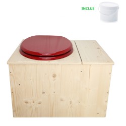 Toilette sèche avec bac à copeaux de bois à droite, seau plastique 18L, abattant rouge