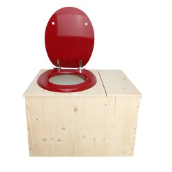 Toilette sèche avec bac à copeaux de bois à droite, seau plastique 18L, abattant rouge